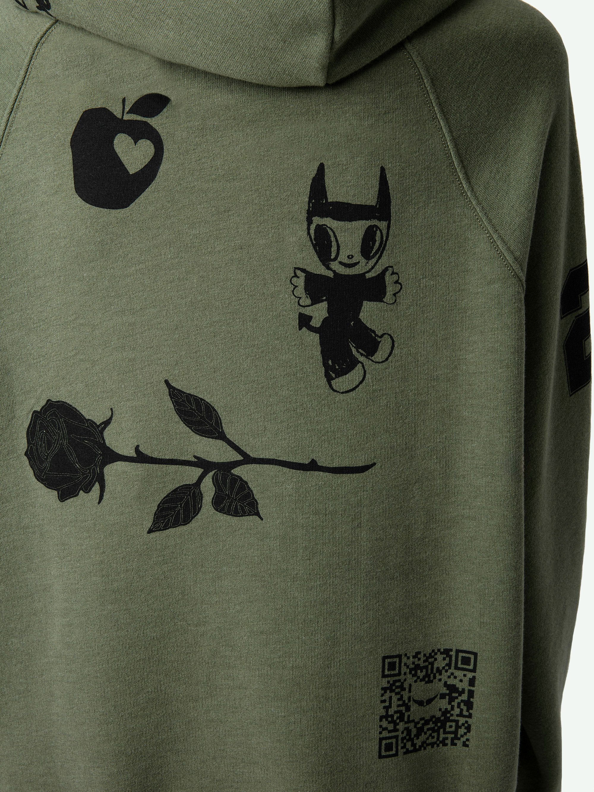 Sudadera Georgy - Sudadera de felpa de color caqui con capucha y bolsillo decorado con tachuelas, estampado de alas en la parte delantera e insignias.